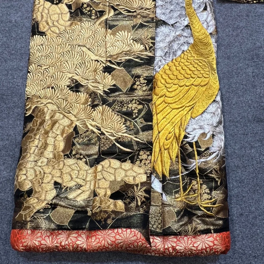 Vintage Japanese Silk Uchikake Kimono Black Gold Silver Crane Pine Embroidery